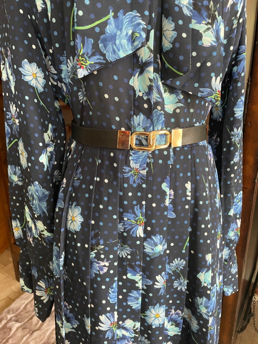Gracia Navy Floral Tie-Neck Long Sleeve Dress Belt Spring Tea Party Large - Picture 3 of 14
